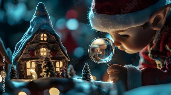Fototapeta Elves checking toy quality using a magnifying glass ensuring each detail is perfect before packaging.