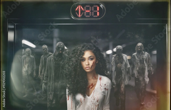 Obraz On the lower level, a woman with curly hair and a scar stands before an elevator, visibly distressed in a blood-stained white shirt, as zombies gather in the dark garage behind her.