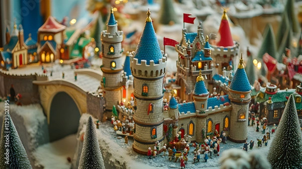 Fototapeta Elves constructing a giant toy castle with towers drawbridges and flags in the Christmas workshop.