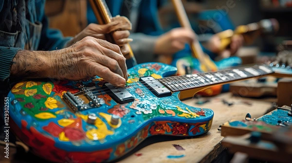 Fototapeta Elves crafting custom toy guitars painting them with bright colors and adding intricate designs in the workshop.