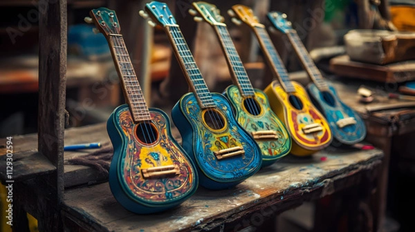 Fototapeta Elves crafting custom toy guitars painting them with bright colors and adding intricate designs in the workshop.
