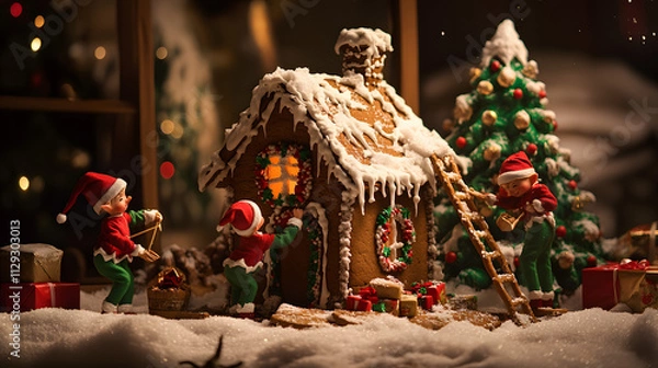 Fototapeta Elves decorating a giant gingerbread house in the corner of the Christmas workshop icing it with snow-like frosting.