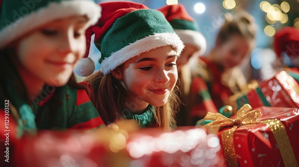 Fototapeta Elves filling Santas gift sack with beautifully wrapped presents tying the final bows before the big night.