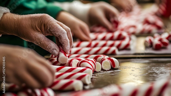 Fototapeta Elves making candy canes in the workshop twisting the red and white stripes with precision and fun.