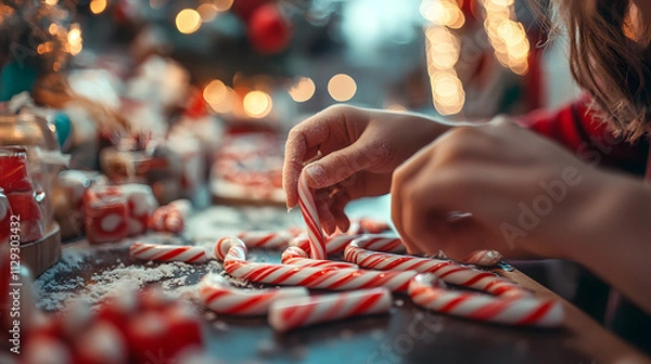 Fototapeta Elves making candy canes in the workshop twisting the red and white stripes with precision and fun.