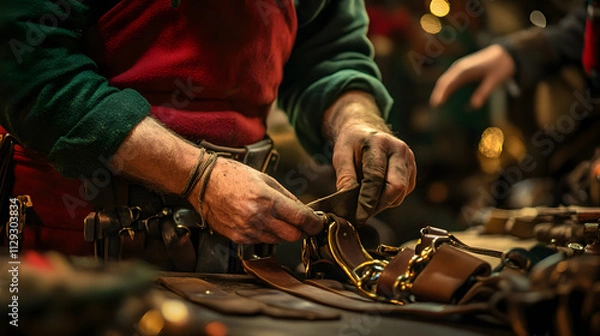 Fototapeta Elves preparing the reindeers harnesses in the Christmas workshop polishing the brass and fitting the leather straps.
