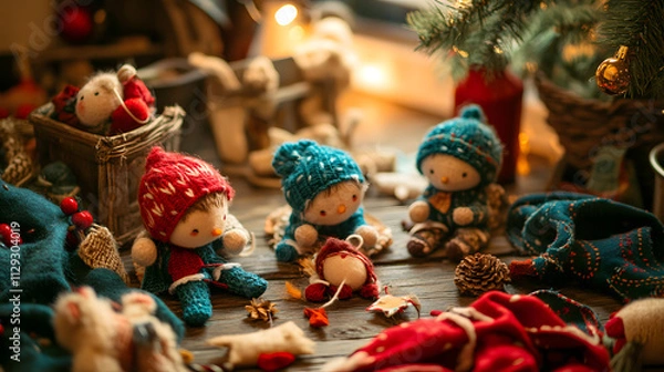 Fototapeta Elves sewing stuffed animals by hand in a cozy corner of the Christmas workshop piles of fabric and thread nearby.