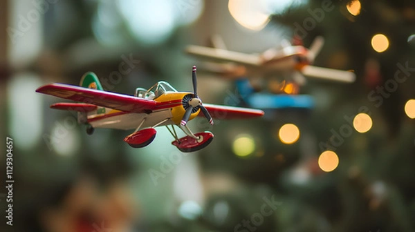 Fototapeta Elves testing out miniature toy airplanes in the Christmas workshops testing area each flying through the air with precision.