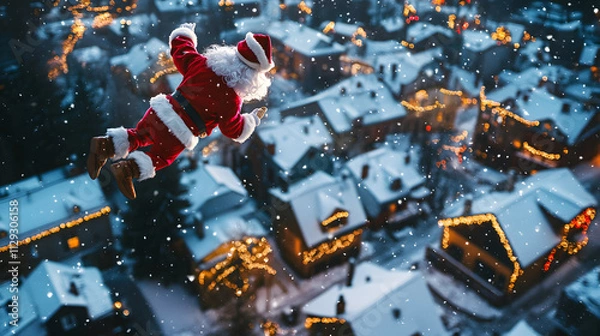 Fototapeta Santa flying over a snowy village on Christmas Eve with rooftops decorated with colorful Christmas lights.