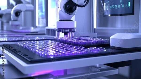 Obraz Automated lab equipment processing transparent samples in a modern laboratory.  