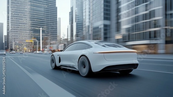 Fototapeta Modern electric vehicle navigating a futuristic cityscape with digital interface elements visible