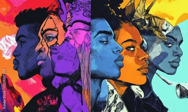 Obraz Vibrant portraits, diverse faces, colorful abstract background.