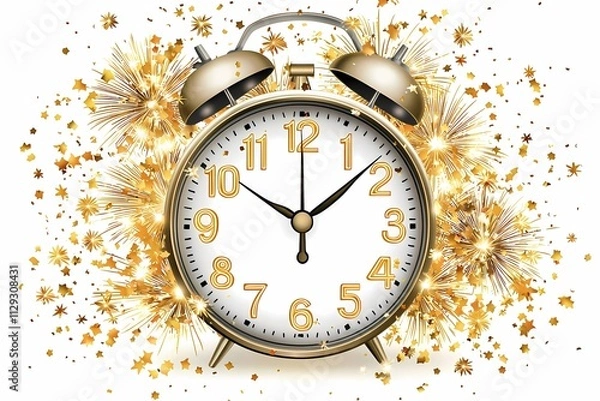 Fototapeta Festive Alarm Clock Surrounded by Bright Fireworks and Stars
