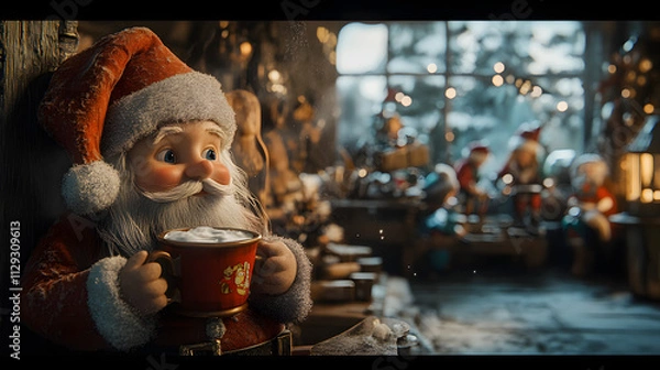 Fototapeta Santa taking a moment to enjoy a steaming cup of hot chocolate while watching the elves work diligently in the Christmas workshop.