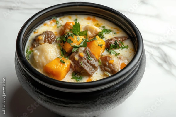 Fototapeta pepper pot stew served in a blackbowl with colorful vegetables and herbs on marble surface