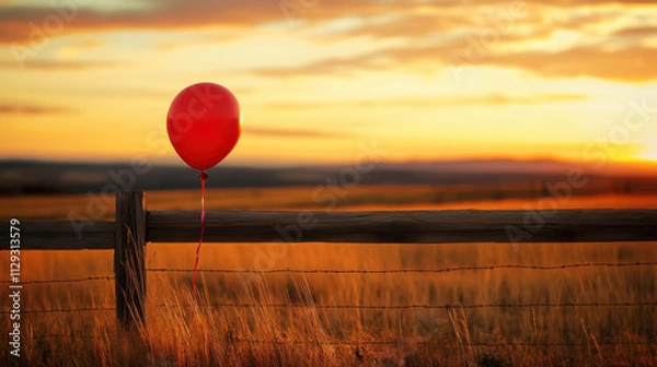 Fototapeta Vibrant Red Balloon Captured Against a Stunning Sunset Over a Serene Landscape with a Rustic Wooden Fence and Golden Tall Grass