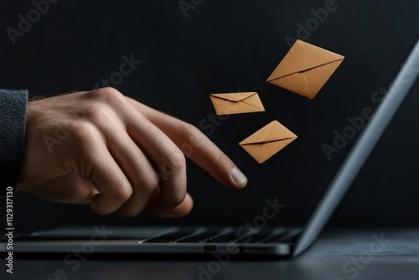 Fototapeta Person using laptop to send multiple emails to customers for direct selling initiatives and digital newsletters