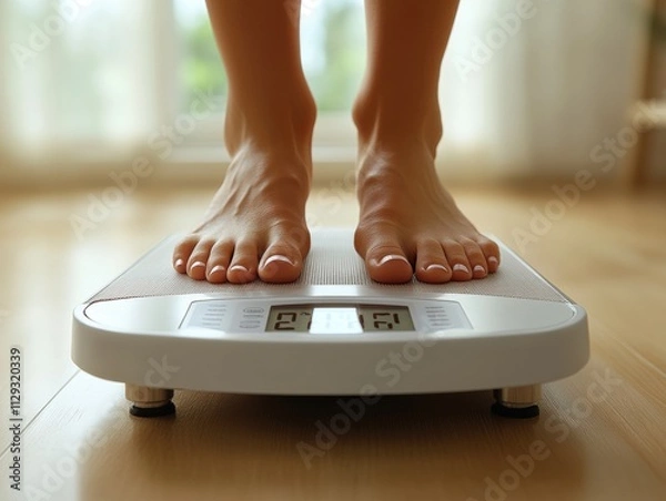 Obraz Bare feet on digital scale indoors highlighting healthy lifestyle and weight awareness