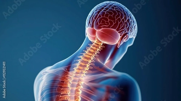 Fototapeta Detailed 3D illustration of human body with highlighted brain and spine emphasizing anatomy and medical science concepts