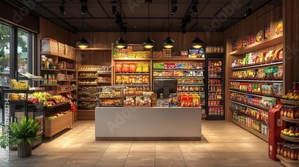 Obraz Modern grocery store interior with shelves of diverse products and snacks