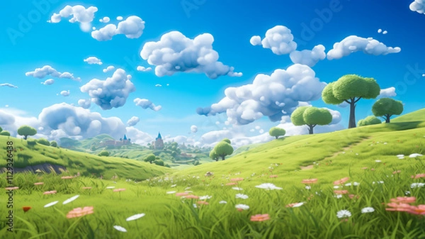 Fototapeta 3D Animated Cartoon Grass and Sky Landscape Illustration with Bright and Colorful Details