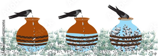 Fototapeta Thirsty crow. Tale of smart black crow and jug of water. Clever bird throws stones into jug to drink cartoon vector story illustration of crow and water. vector illustration.