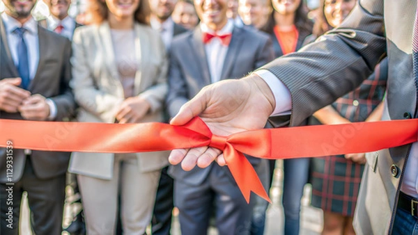Fototapeta Close-up of professional hand cutting red ribbon at official event opening ceremony with crowd in the background