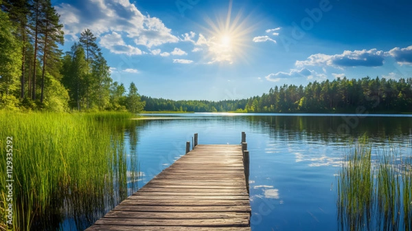 Obraz A traditional Finnish landscape showcasing a beautiful lake on a summer day, complete with a rustic wooden dock and sunlit forest.