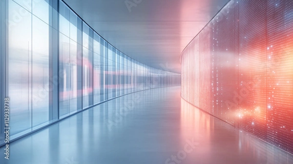 Fototapeta Minimalist abstract architectural interior with a futuristic glass and metal corridor with clean lines and soft reflections