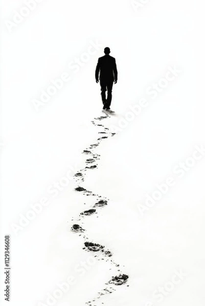 Fototapeta Silhouette walks away, footprints trail behind.