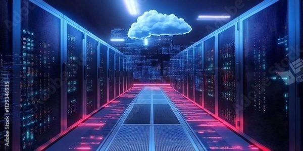 Fototapeta A futuristic cloud with an arrow pointing up, symbolizing the upward trend of digital transformation in business technology and data use cases Generative AI