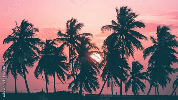 Fototapeta Breathtaking Sunset Over City Skyline with Tall Skyscrapers Silhouetted Against Golden Hue, Palm Trees in Foreground, Birds Flying, Serene Ambiance with City Lights Illuminating in Distance