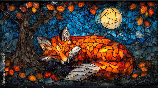 Fototapeta Playful Stained Glass Scene of a Fox Curled Up Under a Tree with Glowing Autumn Leaves