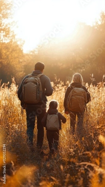 Fototapeta Family hiking in autumn landscape with colorful foliage and warm sunlight
