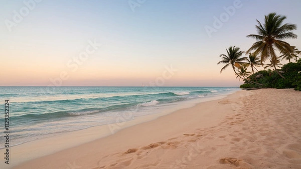 Obraz Serene Sunset Beach Scene with Palm Trees