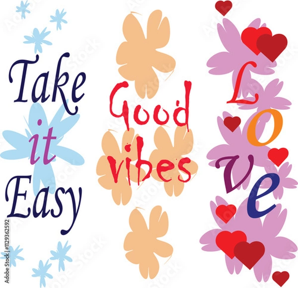 Fototapeta Good vibes quotes background art vector set. Flower abstract shape ,art design for T-shirt, poster, fabric, packaging, print, screen, sticker.