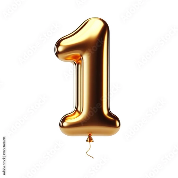 Fototapeta Golden Number 1 Balloon, Shiny metallic foil balloon shape party decoration, isolated on transparent cutout PNG