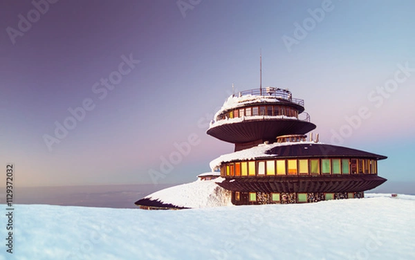Obraz meteorological observatory on the summit of Sniezka, Karkonosze Mountains, Lower Silesia, Poland.