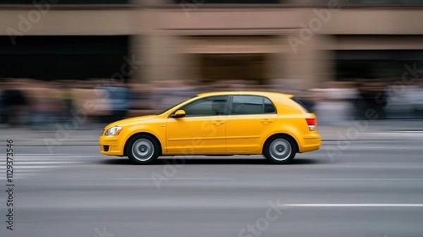 Fototapeta side view of yellow taxi driving through bustling city intersection with blurred pedestrians in background
