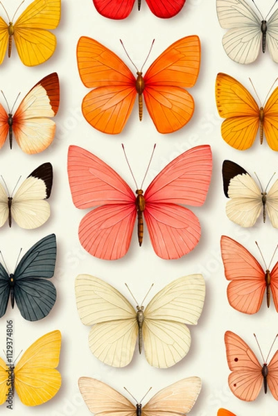 Fototapeta A group of colorful butterflies on a white background