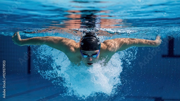 Fototapeta A professional swimmer diving deep into a clear blue pool wearing a black cap and blue goggles, surrounded by rising bubbles; the illuminated surface contrasts with the darker depths