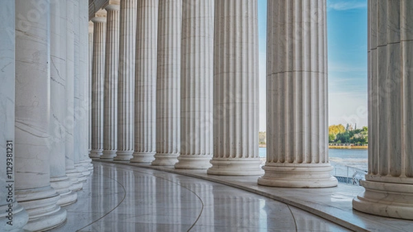 Fototapeta Tall classical white marble columns standing in a row with polished surfaces, marble ground with curved patterns leading to a serene view of water, distant trees, and faintly visible buildings 