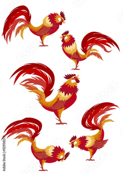 Obraz Red Roosters. Set of five options. Symbol of 2017 by the Chinese calendar