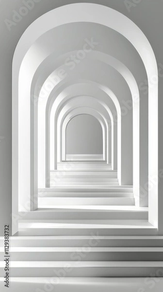 Fototapeta Light flows through a serene white architectural passageway with arches and stairs