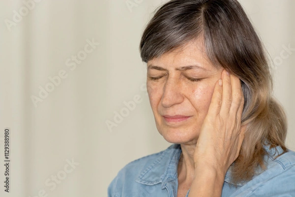 Obraz Depressed elderly woman having headache, touching temples. Stress, mental health, hormonal imbalance. Concept of women feeling unwell during menopause. Copy-space.