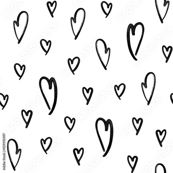 Fototapeta Watercolor black hearts seamless pattern isolated. Love repeated pattern. Simple background. Hand-drawn backdrop for fabric, packaging paper, clothing, wrapping paper, decor, cards
