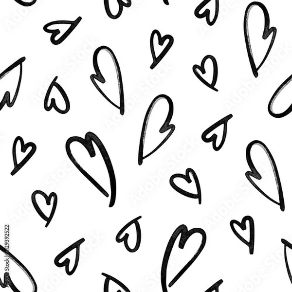 Fototapeta Watercolor black hearts seamless pattern isolated. Love repeated pattern. Simple background. Hand-drawn backdrop for fabric, packaging paper, clothing, wrapping paper, decor, cards