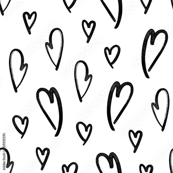 Fototapeta Watercolor black hearts seamless pattern isolated. Love repeated pattern. Simple background. Hand-drawn backdrop for fabric, packaging paper, clothing, wrapping paper, decor, cards