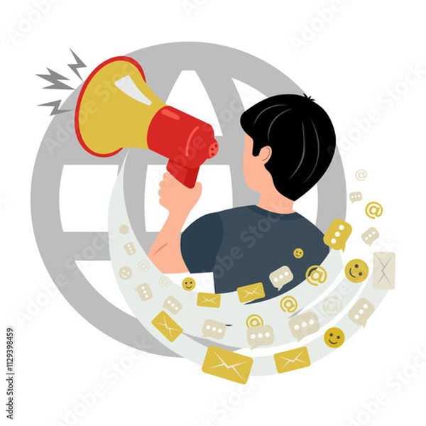 Obraz Influence marketing. The megaphone is in the hands of a man. A blogger places ads on the Internet. Vector illustration of how advertising is distributed over the Internet 