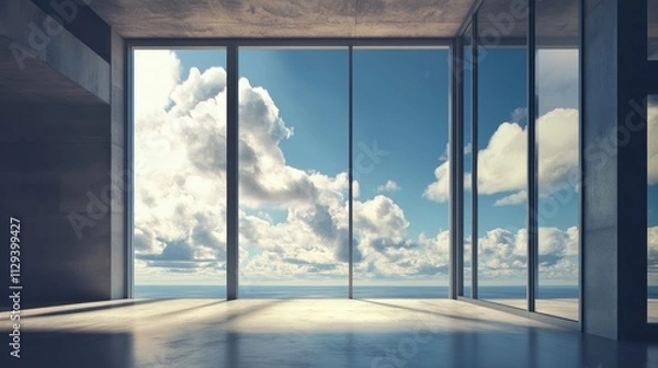 Fototapeta Scenic panoramic view of a modern interior with large glass windows showcasing a beautiful cloudy sky landscape.
